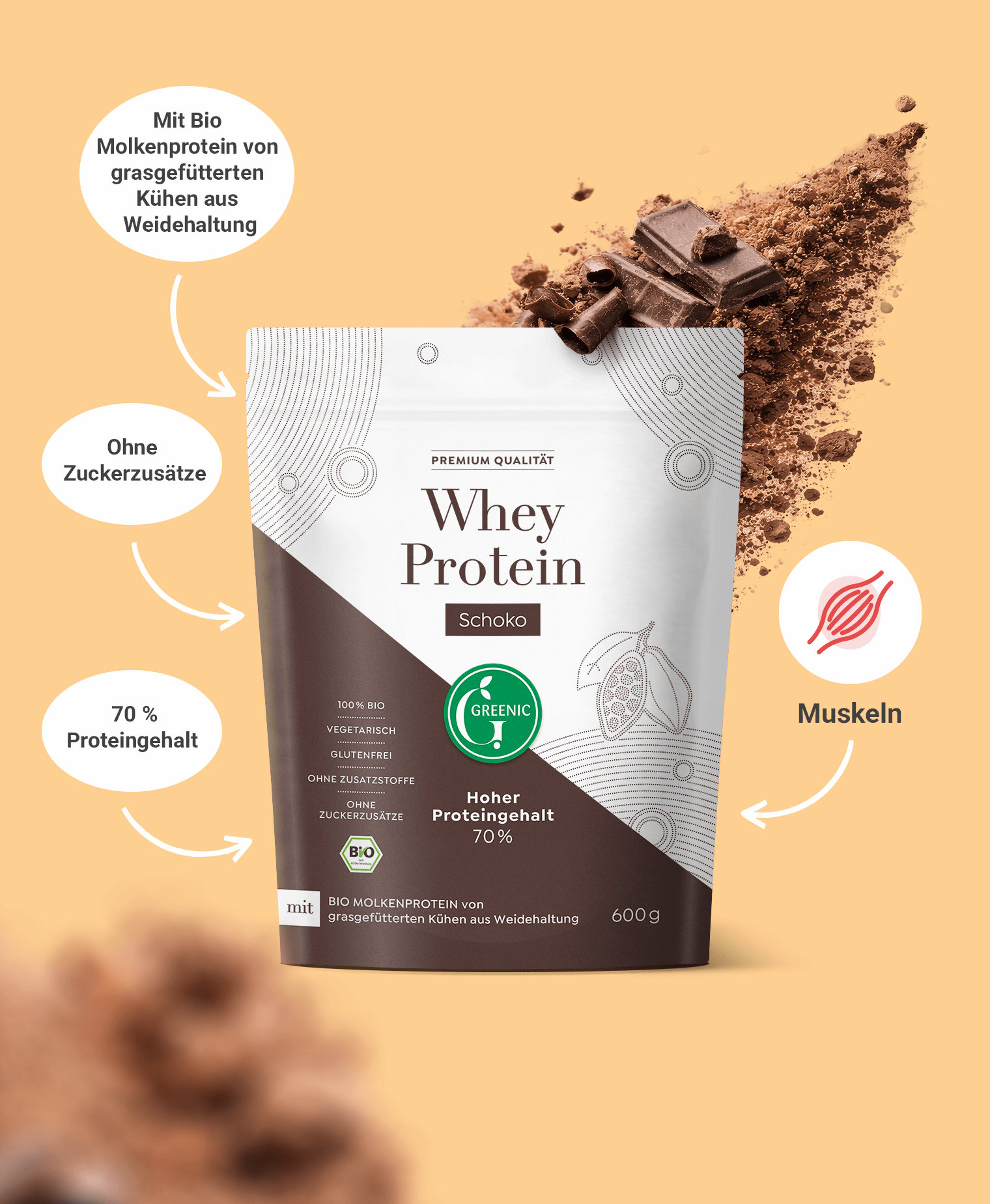 Bio Whey Protein Schoko 600g aus Weidehaltung, 70% Eiweiß – Greenic GmbH